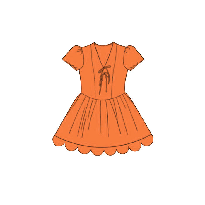( Moq 5 )  Preorder Baby Girls Kids Short Sleeves Bows Orange Scallop Knee Length Dress