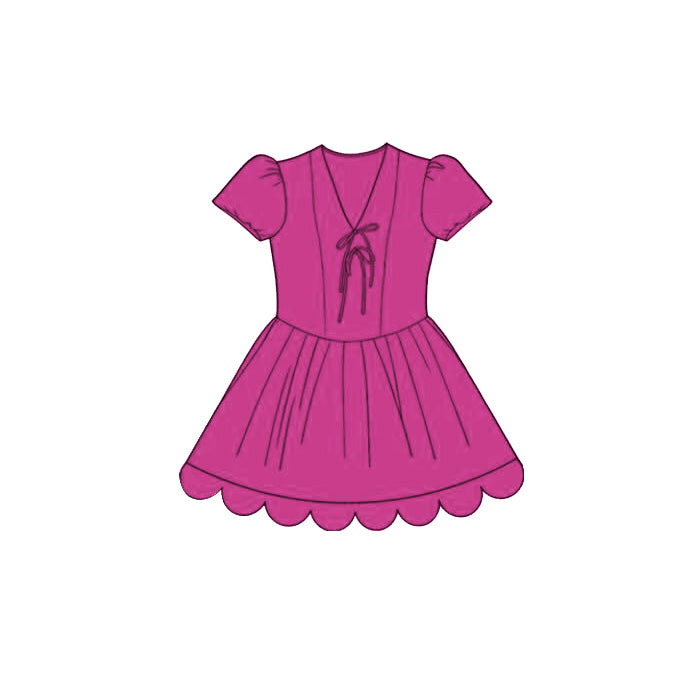 ( Moq 5 )  Preorder Baby Girls Kids Short Sleeves Bows Hot Pink Scallop Knee Length Dress
