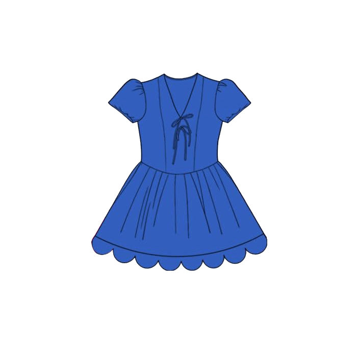 ( Moq 5 )  Preorder Baby Girls Kids Short Sleeves Bows Blue Scallop Knee Length Dress