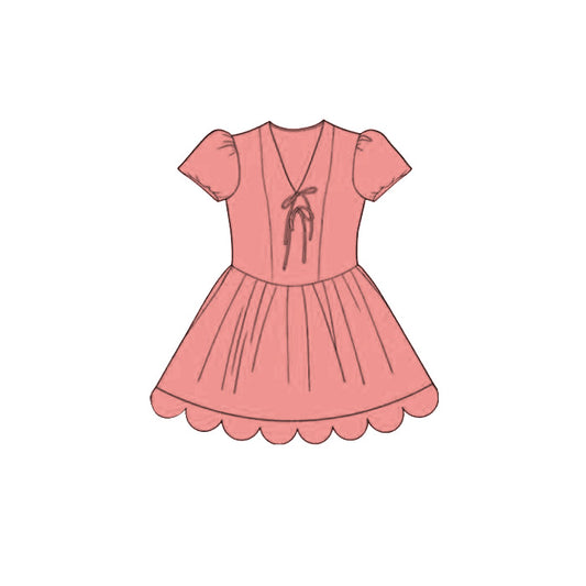 ( Moq 5 )  Preorder Baby Girls Kids Short Sleeves Bows Pink Scallop Knee Length Dress