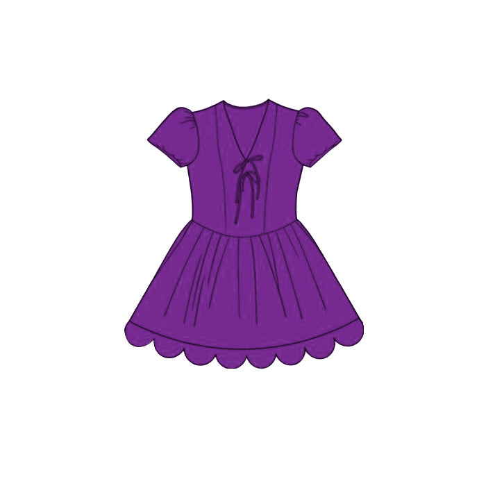 ( Moq 5 )  Preorder Baby Girls Kids Short Sleeves Bows Purple Scallop Knee Length Dress