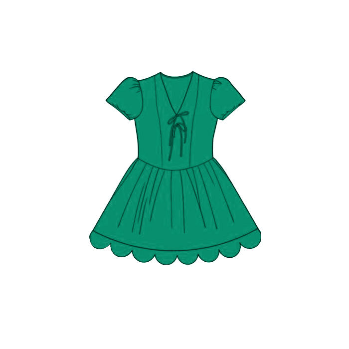 ( Moq 5 )  Preorder Baby Girls Kids Short Sleeves Bows Green Scallop Knee Length Dress