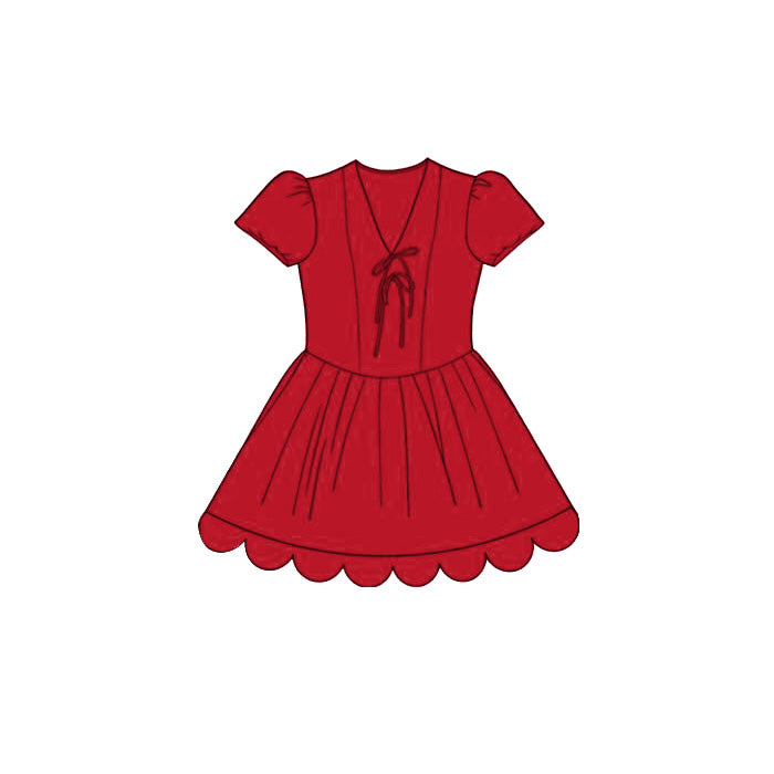 ( Moq 5 )  Preorder Baby Girls Kids Short Sleeves Bows Red Scallop Knee Length Dress