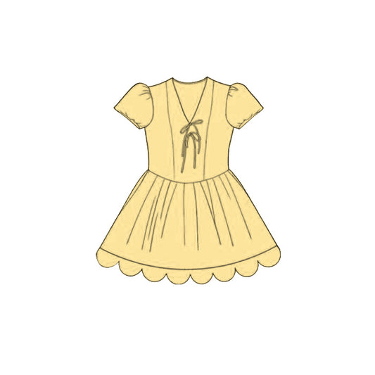 ( Moq 5 )  Preorder Baby Girls Kids Short Sleeves Bows Yellow Scallop Knee Length Dress