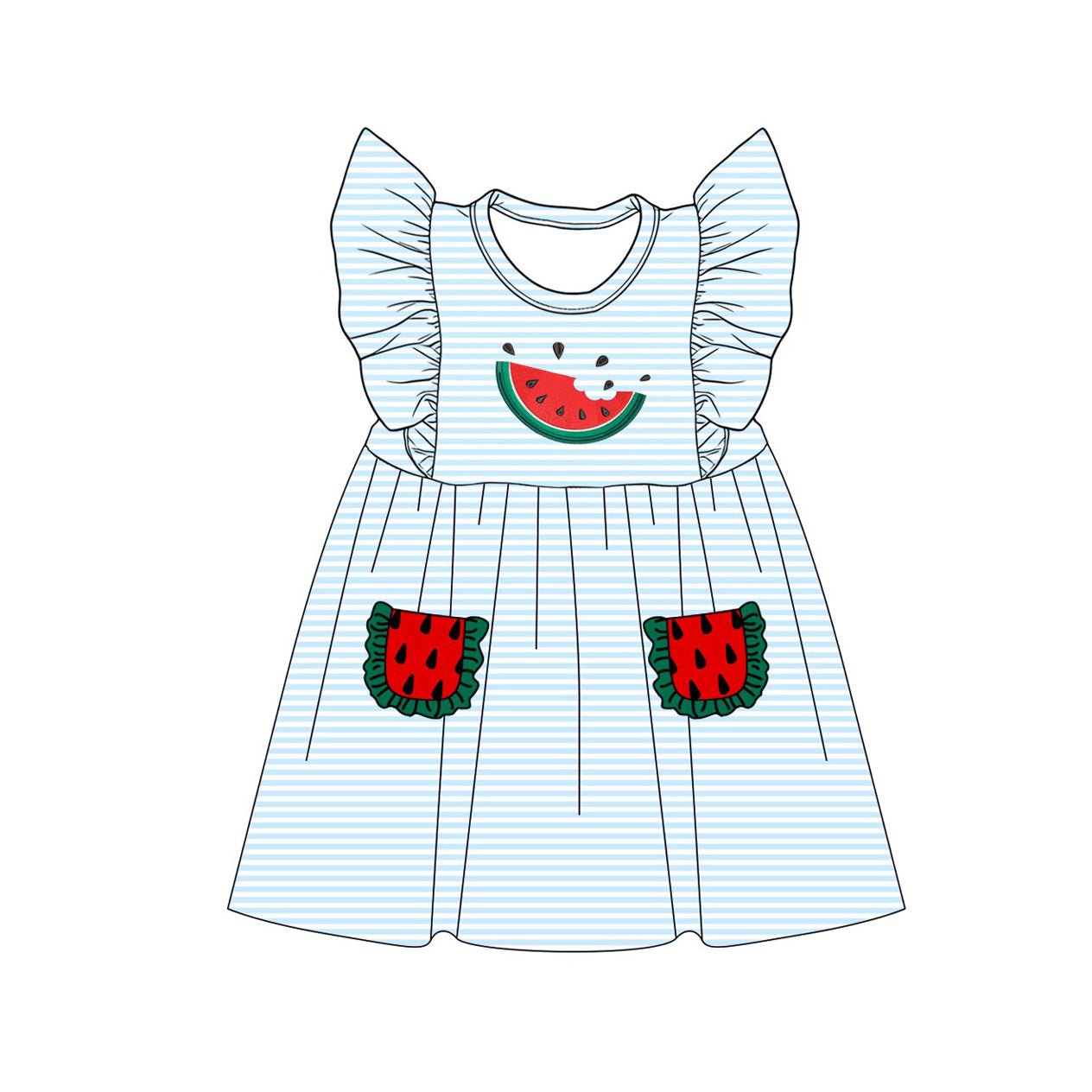 ( Moq 5 )  Preorder Baby Girls Kids Short Sleeves Watermelon Pockets Stripes Knee Length Dress