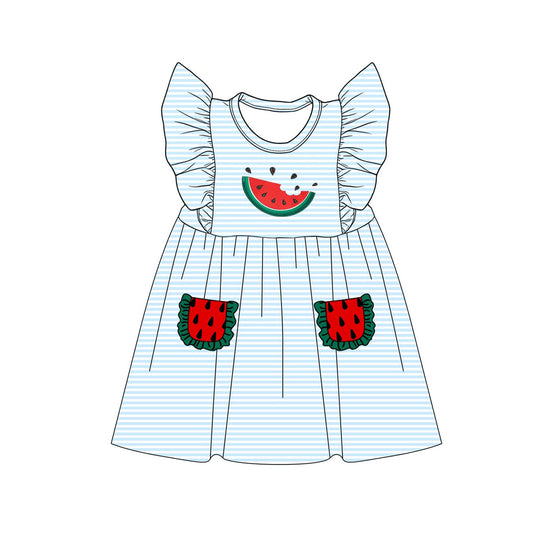 ( Moq 5 )  Preorder Baby Girls Kids Short Sleeves Watermelon Pockets Stripes Knee Length Dress