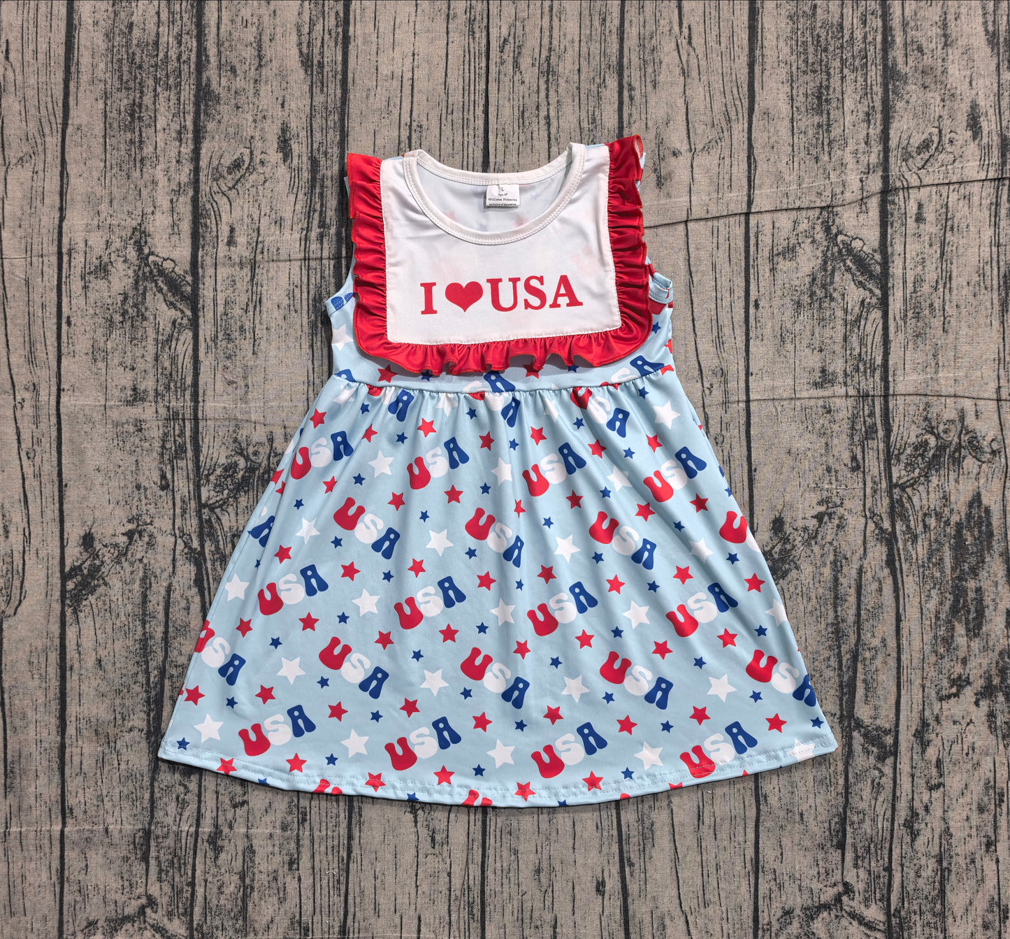Baby Girls Kids Sleeveless I Love USA 4th of July Ruffle Knee Length Dress RTS