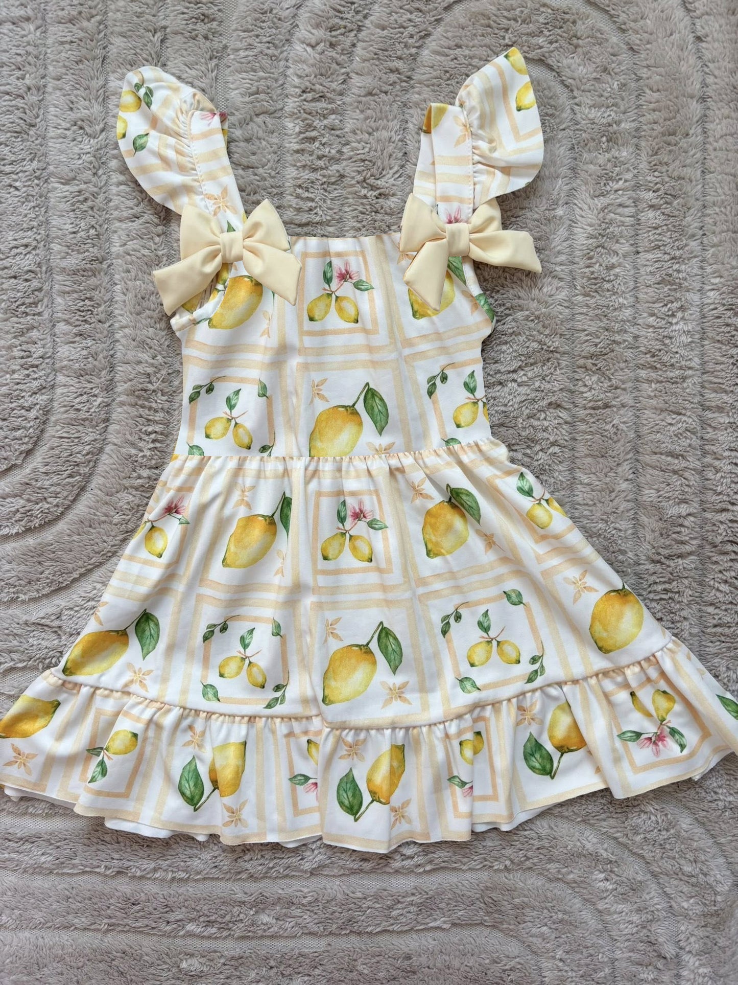 ( Moq 5 )  Preorder Baby Girls Kids Short Sleeves Lemon Bows Ruffle Knee Length Dress