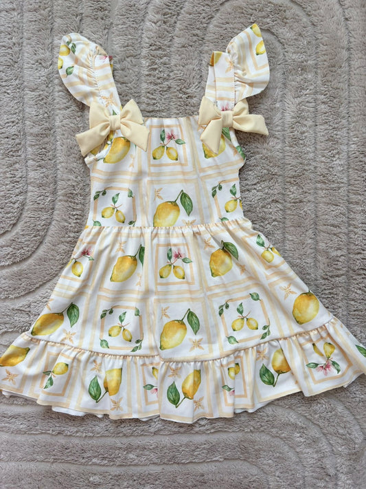 ( Moq 5 )  Preorder Baby Girls Kids Short Sleeves Lemon Bows Ruffle Knee Length Dress