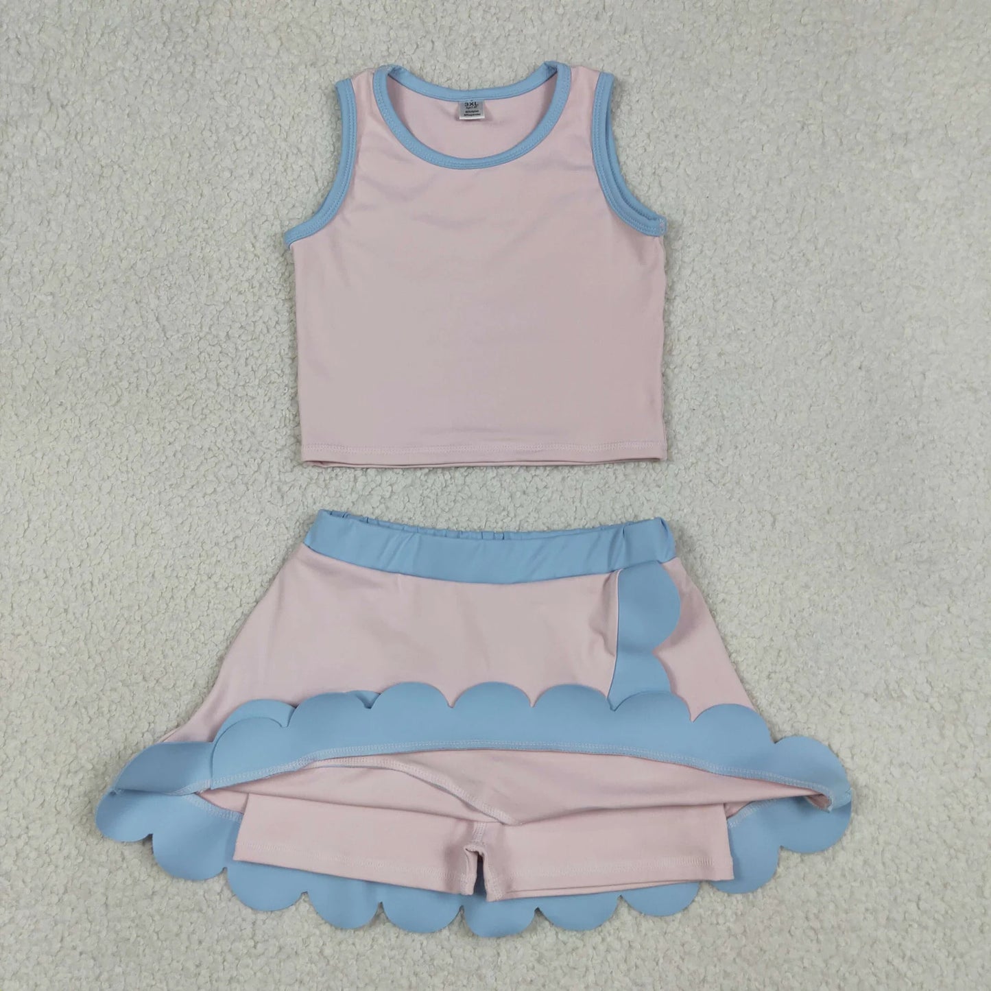 Sibling Baby Girls Kids Sleeveless Shirts Scallop Skirts Shorts Yoga Active Sets Clothes RTS