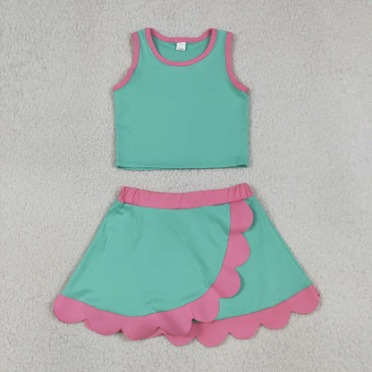 (No.13-24 ) Sibling Baby Girls Kids Sleeveless Tops Scallop Skirts Shorts Yoga Active Sets Clothes RTS