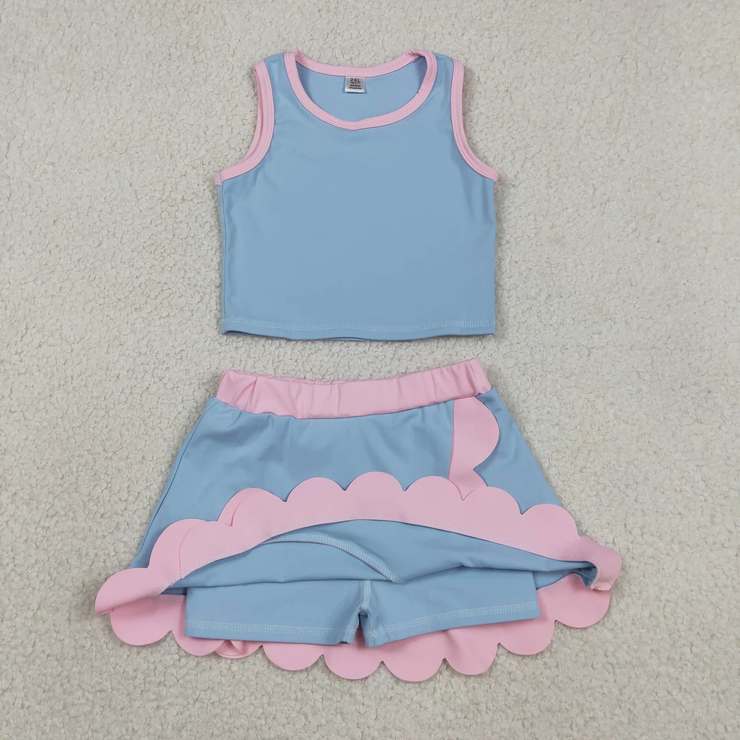 Sibling Baby Girls Kids Sleeveless Shirts Scallop Skirts Shorts Yoga Active Sets Clothes RTS