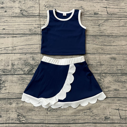 ( No moq ) Preorder Baby Girls Kids Shirt Scallop Skirt Shorts Yoga Active Navy Set Clothes