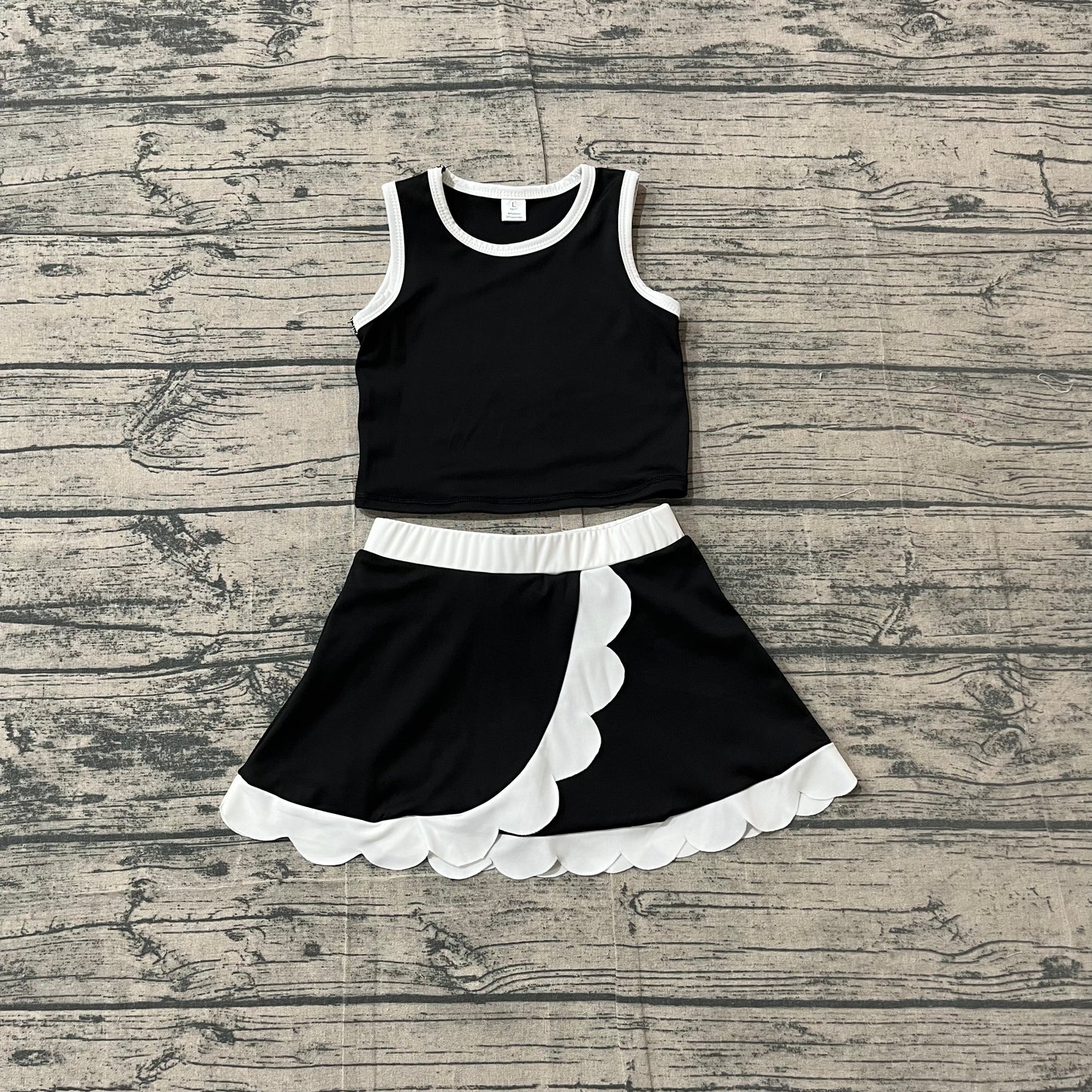 ( No moq ) Preorder Baby Girls Kids Black Tops Scallop Skirt Shorts Yoga Active Set Clothes