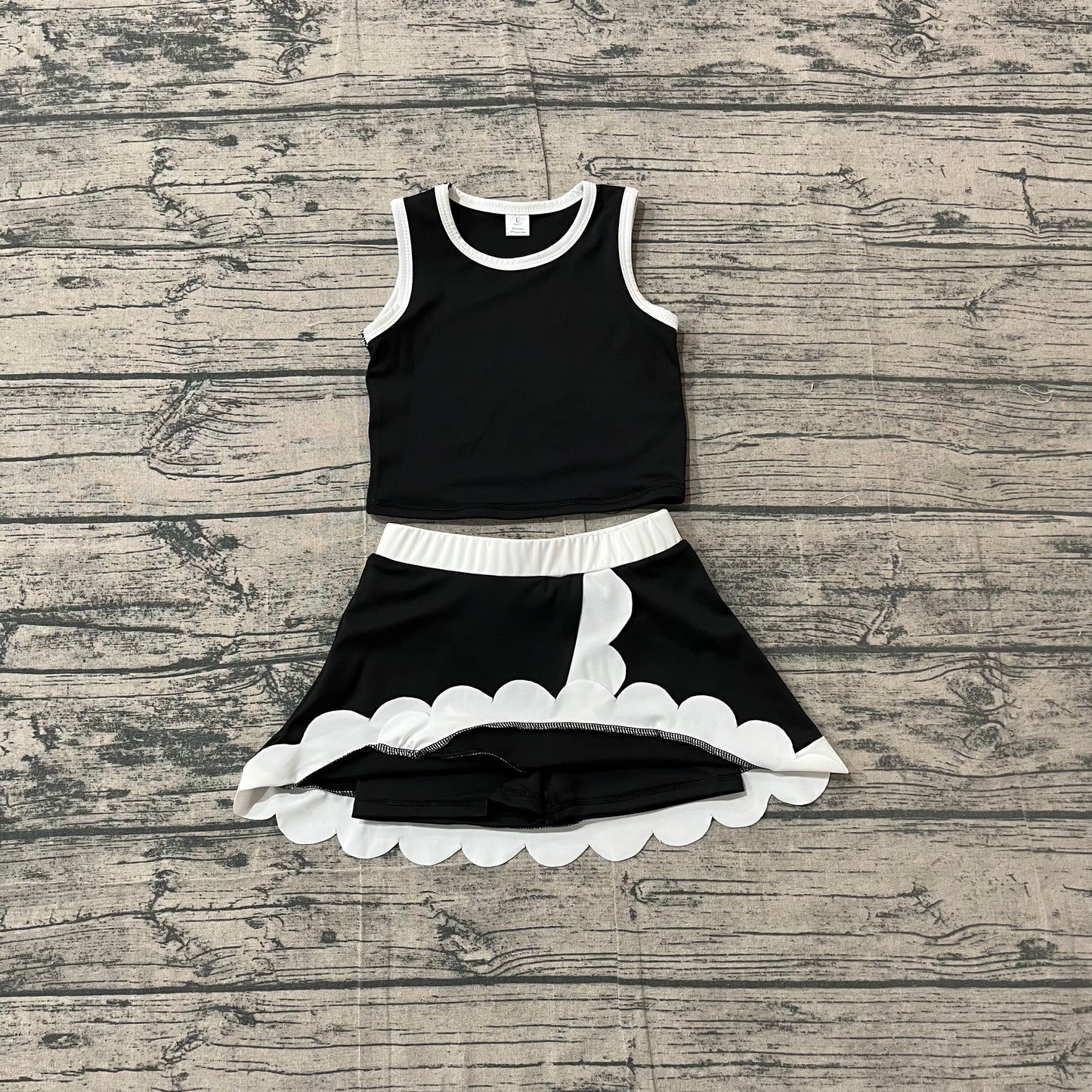 ( No moq ) Preorder Baby Girls Kids Black Tops Scallop Skirt Shorts Yoga Active Set Clothes