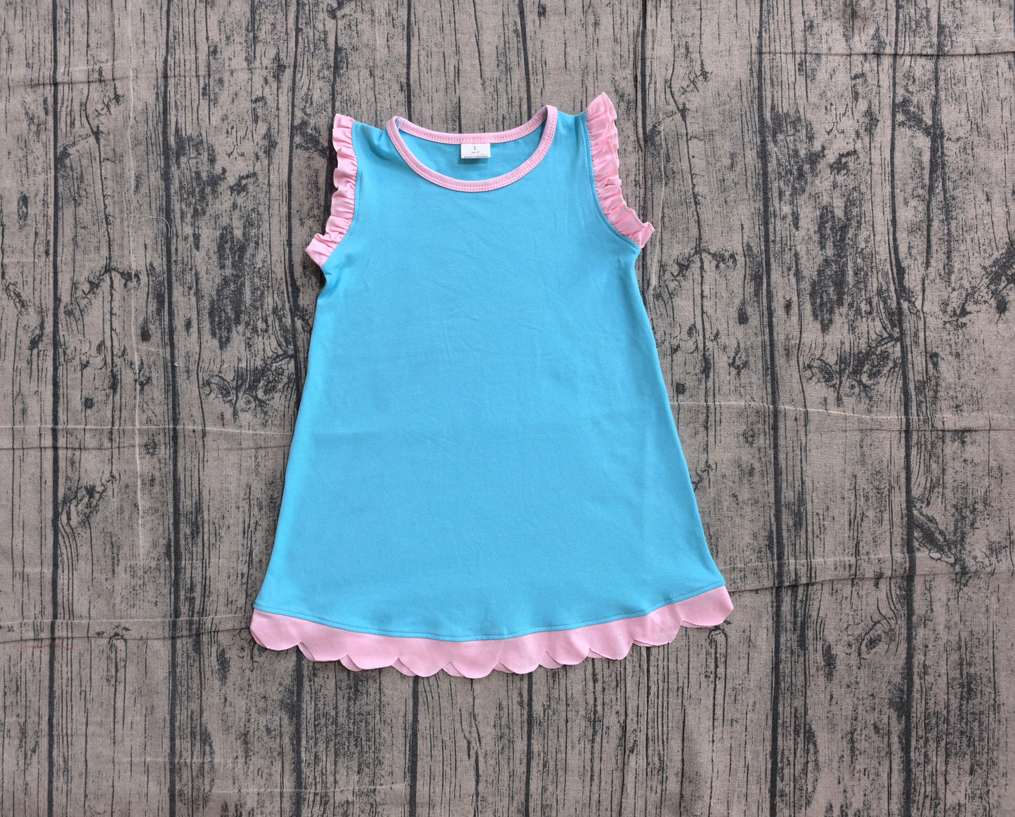 ( No moq ) Preorder Baby Girls Kids Sleeveless Pink Scallop Knee Length Dress Blue Clothes