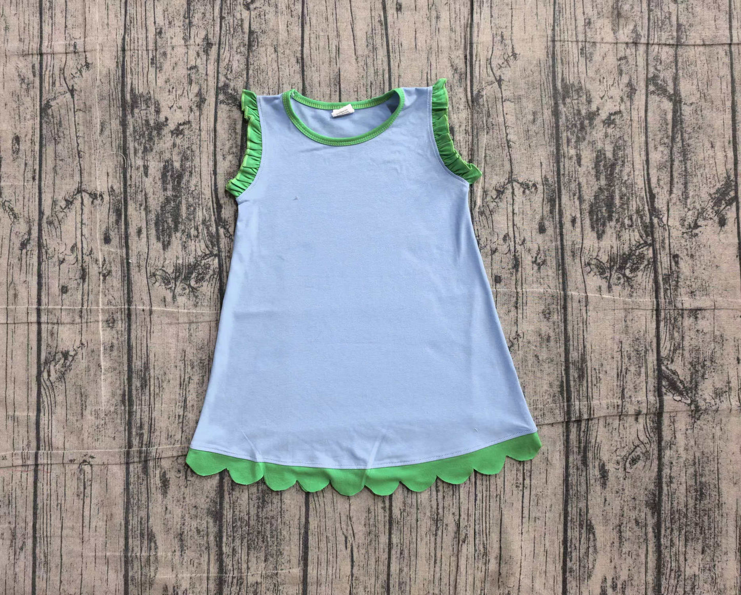 ( No moq ) Preorder Baby Girls Kids Sleeveless Green Scallop Knee Length Dress Blue Clothes