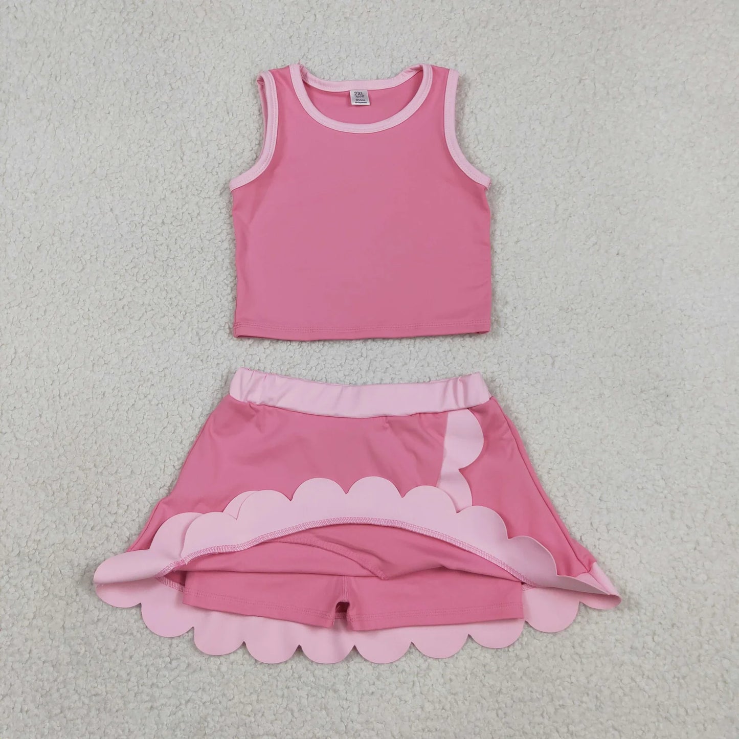 Sibling Baby Girls Kids Sleeveless Shirts Scallop Skirts Shorts Yoga Active Sets Clothes RTS