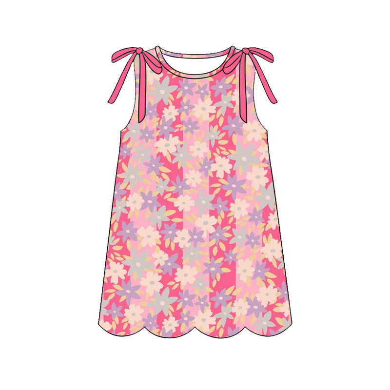 ( Moq 5 ) Preorder Baby Girls Sleeveless Flower Bows Knee Length Dress Scallop Clothes