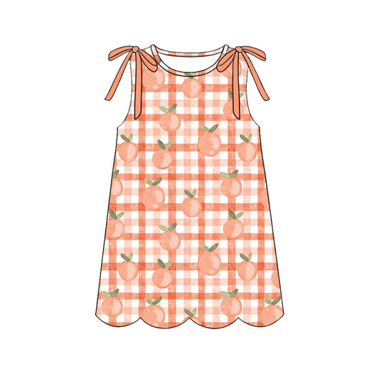 ( Moq 5 ) Preorder Baby Girls Sleeveless Peach Plaid Knee Length Dress Scallop Clothes