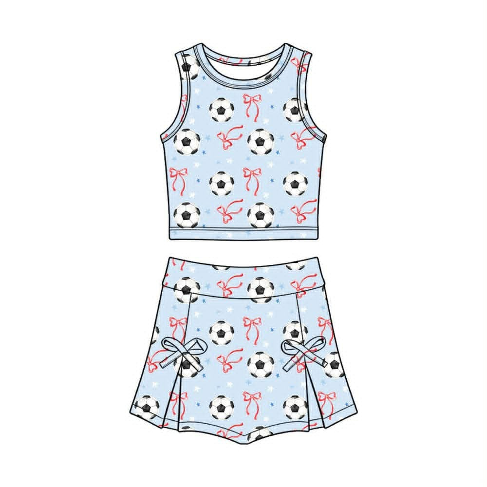 ( Moq 5 ) Preorder Baby Girls Kids Soccer Bows Stripes Shirt Scallop Skirt Shorts Yoga Active Set Blue Clothes