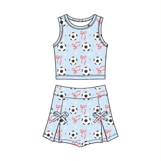 ( Moq 5 ) Preorder Baby Girls Kids Soccer Bows Stripes Shirt Scallop Skirt Shorts Yoga Active Set Blue Clothes