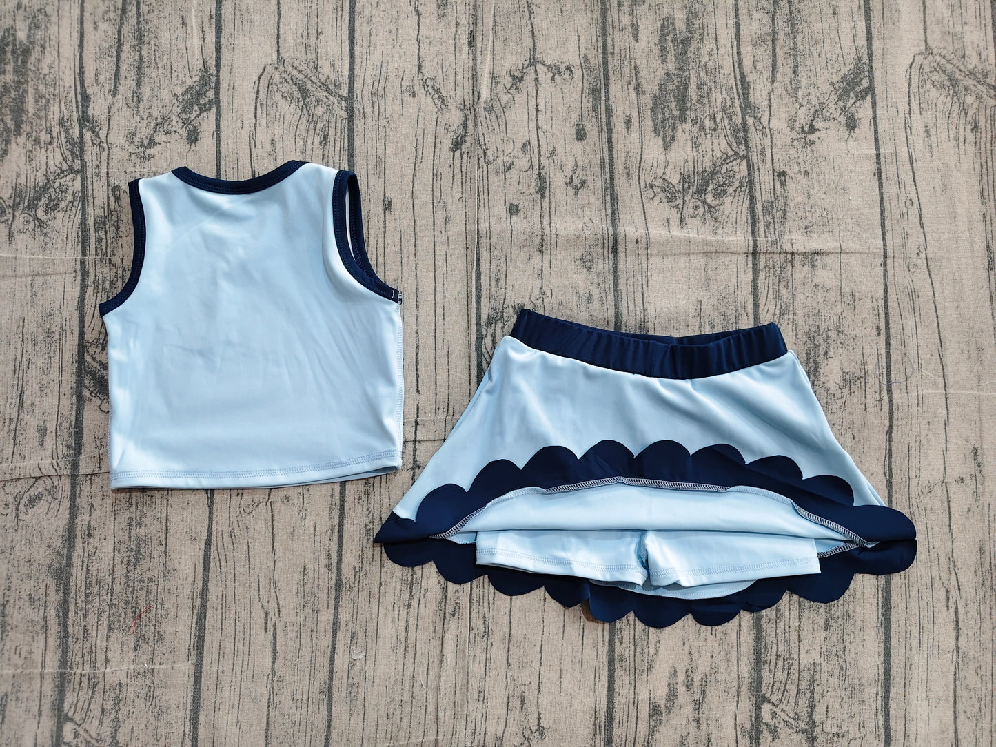 Baby Girls Kids Blue Shirt Scallop Skirt Shorts Yoga Active Set Clothes RTS