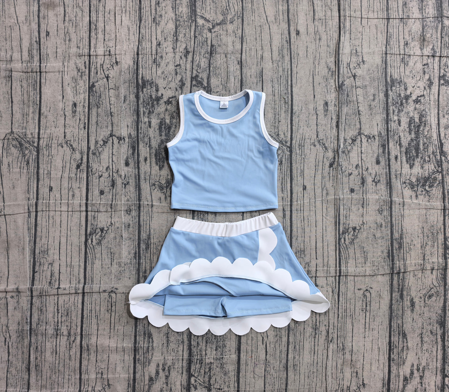 ( No moq ) Preorder Baby Girls Kids Blue Shirt Scallop Green Skirt Shorts Yoga Active Set Clothes