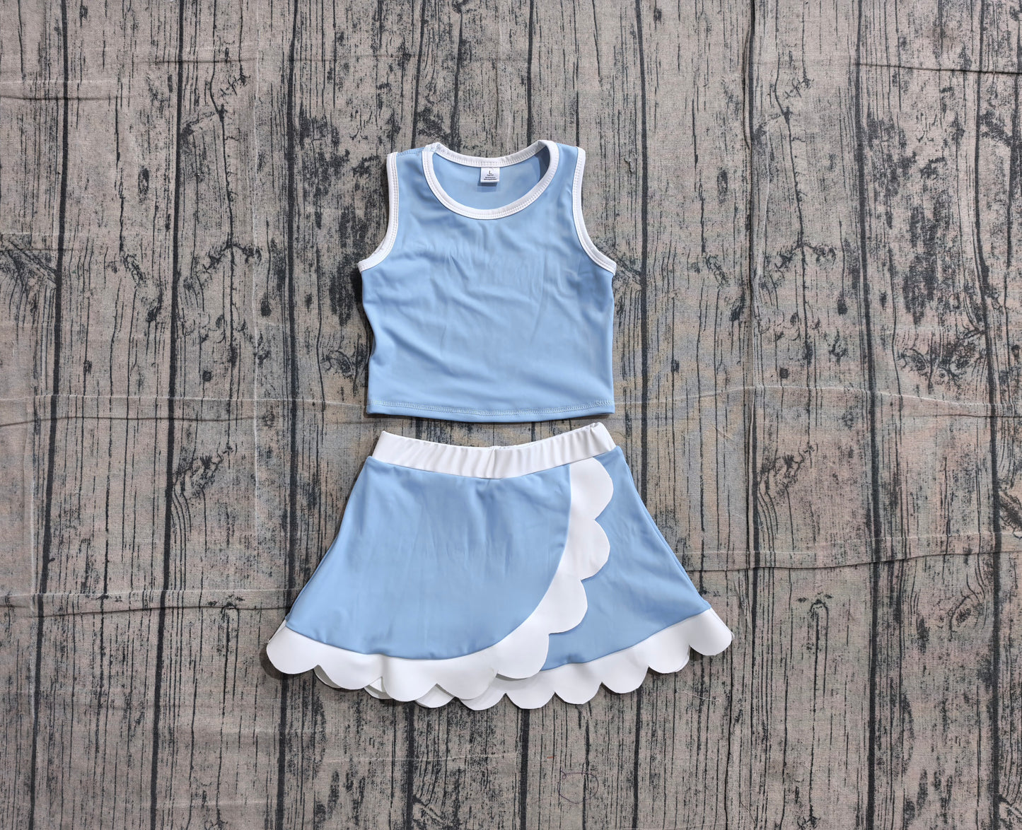 ( No moq ) Preorder Baby Girls Kids Blue Shirt Scallop Green Skirt Shorts Yoga Active Set Clothes
