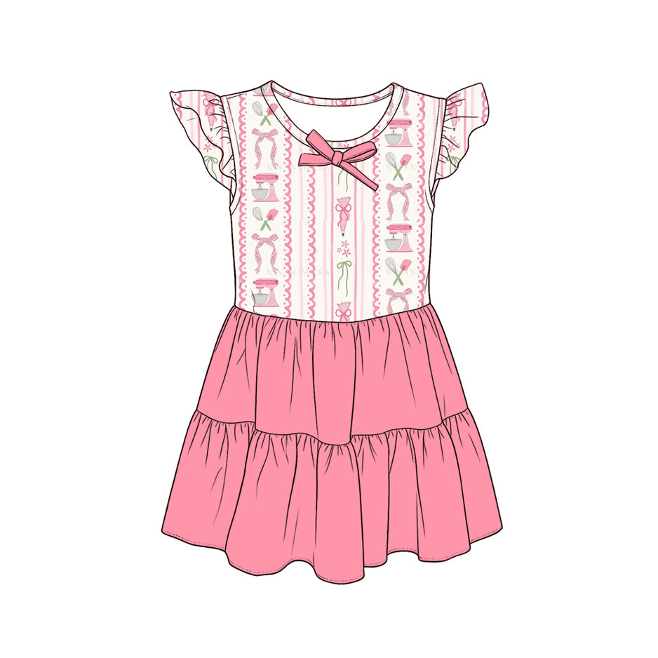 ( Moq 5 ) Preorder Baby Girls Kids Short Sleeves Bows Flower Knee Length Dress Pink Clothes