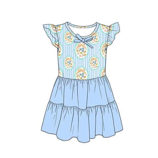 ( Moq 5 ) Preorder Baby Girls Kids Short Sleeves Bows Stripes Flower Knee Length Dress Blue Clothes