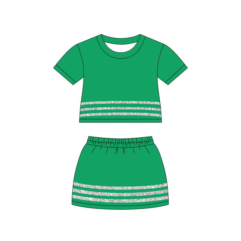 ( Moq 5 ) Preorder Baby Girls Kids Short Sleeves Stripes Shirt Skirt Shorts Set Green Cotton Clothes
