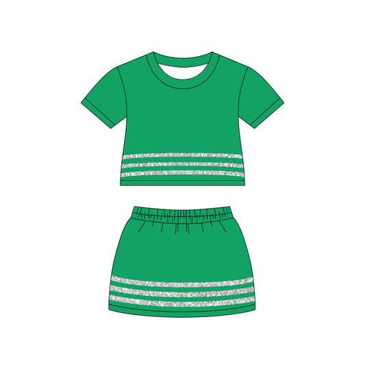 ( Moq 5 ) Preorder Baby Girls Kids Short Sleeves Stripes Shirt Skirt Shorts Set Green Cotton Clothes