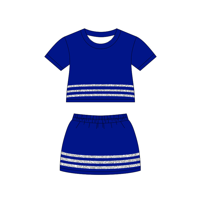 ( Moq 5 ) Preorder Baby Girls Kids Short Sleeves Stripes Shirt Skirt Shorts Set Blue Cotton Clothes