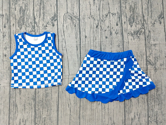 ( No moq ) Preorder Baby Girls Kids Sleeveless Blue Checked Shirt Scallop Skirt Shorts Yoga Active Set Clothes