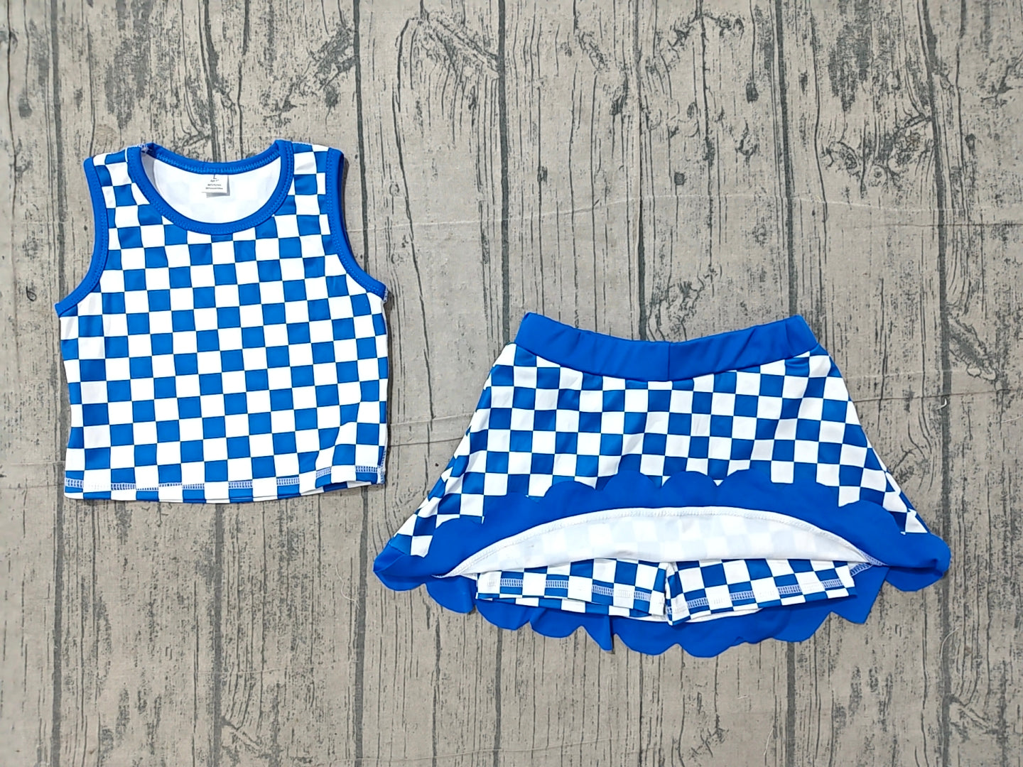 ( No moq ) Preorder Baby Girls Kids Sleeveless Blue Checked Shirt Scallop Skirt Shorts Yoga Active Set Clothes