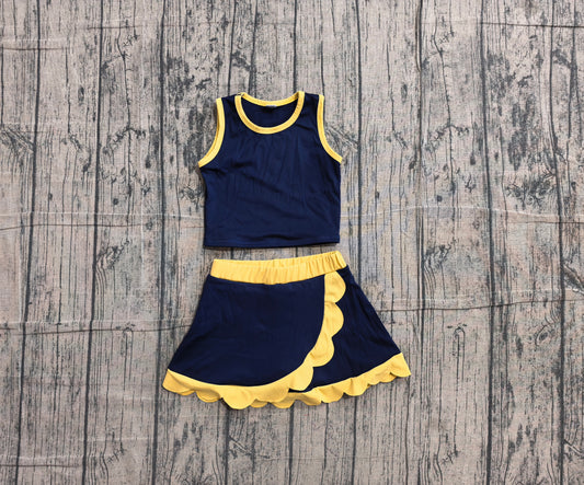 ( No moq ) Preorder Baby Girls Kids Sleeveless Navy Shirt Scallop Skirt Shorts Yoga Active Set Clothes