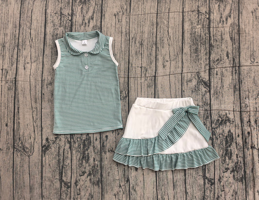 ( No moq ) Preorder Baby Girls Kids Green Stripes Buttons Shirt Ruffle Skirt Shorts Yoga Active Set Clothes