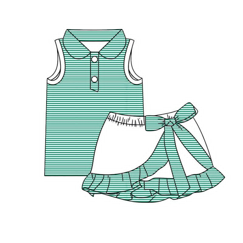( Moq 5 ) Preorder Baby Girls Green Stripes Buttons Tops Ruffle Skirt Shorts Yoga Active Set Clothes