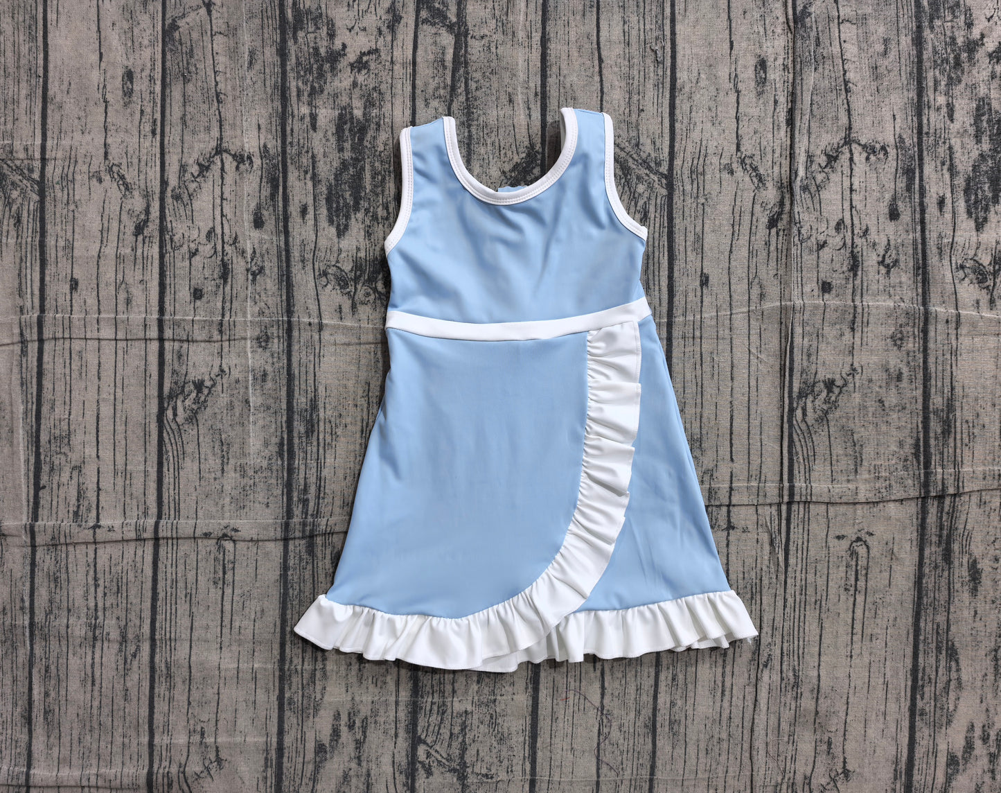 ( No moq ) Preorder Baby Girls Kids Sleeveless Shorts Knee Length Scallop Light Blue Dress Yoga Active Clothes