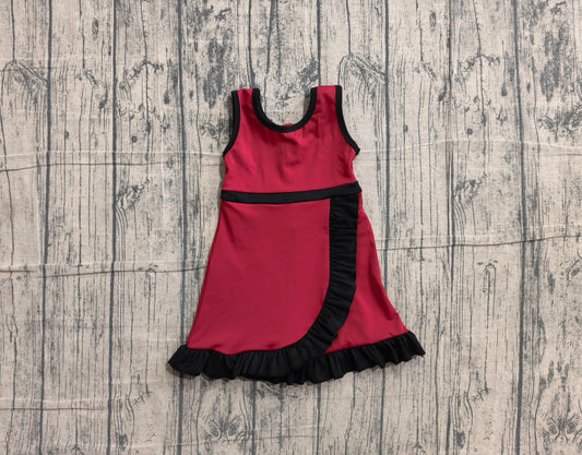 ( No moq ) Preorder Baby Girls Kids Sleeveless Shorts Knee Length Dark Red Dress Yoga Active Scallop Clothes