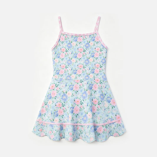 ( Moq 5 ) Preorder Baby Girls Kids Straps Flower Scallop Knee Length Dress Clothes