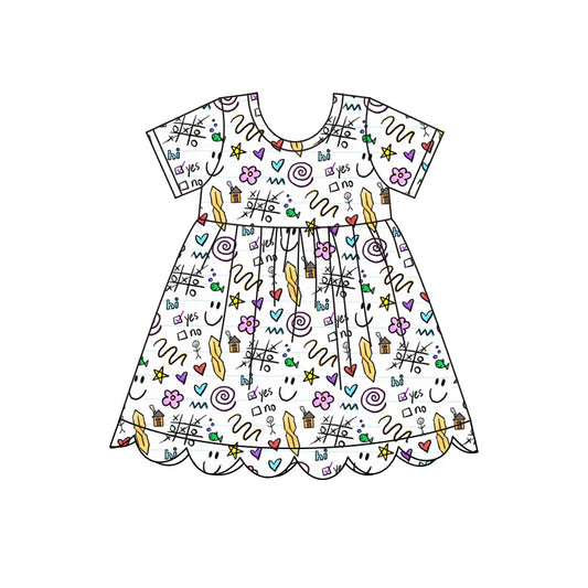 ( Moq 5 ) Preorder Baby Girls Kids Short Sleeves Flower Back to School Scallop Dress Clothes