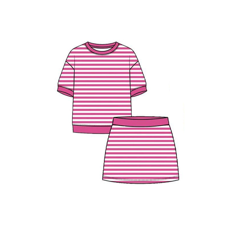 ( Moq 5 ) Preorder Baby Girls Kids Short Sleeves Pink Stripes Shirt Skirt Shorts Set Yoga Active Clothes