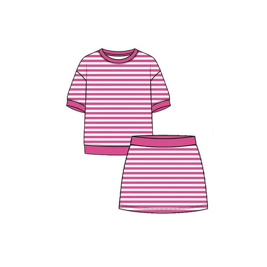 ( Moq 5 ) Preorder Baby Girls Kids Short Sleeves Pink Stripes Shirt Skirt Shorts Set Yoga Active Clothes
