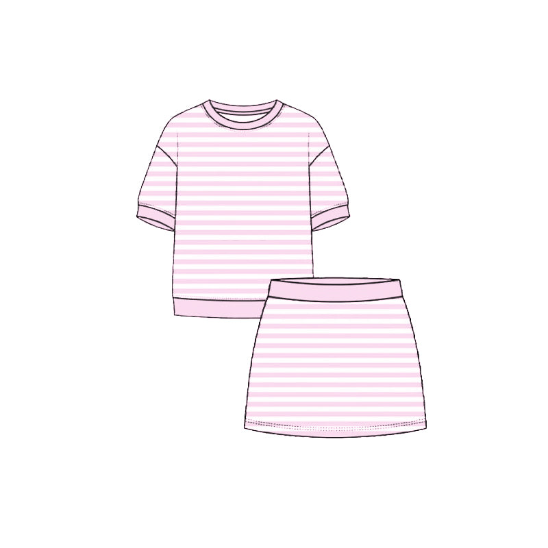 ( Moq 5 ) Preorder Baby Girls Kids Short Sleeves Shirt Pink Stripes Skirt Shorts Set Yoga Active Clothes