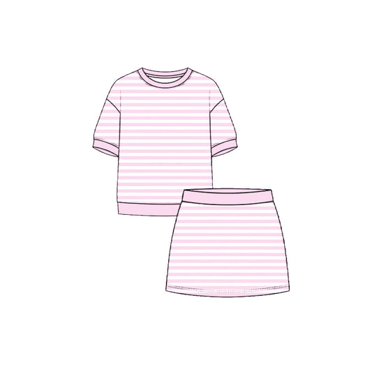 ( Moq 5 ) Preorder Baby Girls Kids Short Sleeves Shirt Pink Stripes Skirt Shorts Set Yoga Active Clothes