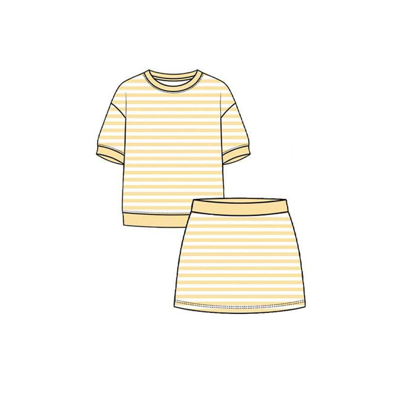 ( Moq 5 ) Preorder Baby Girls Kids Short Sleeves Shirt Yellow Stripes Skirt Shorts Set Yoga Active Clothes