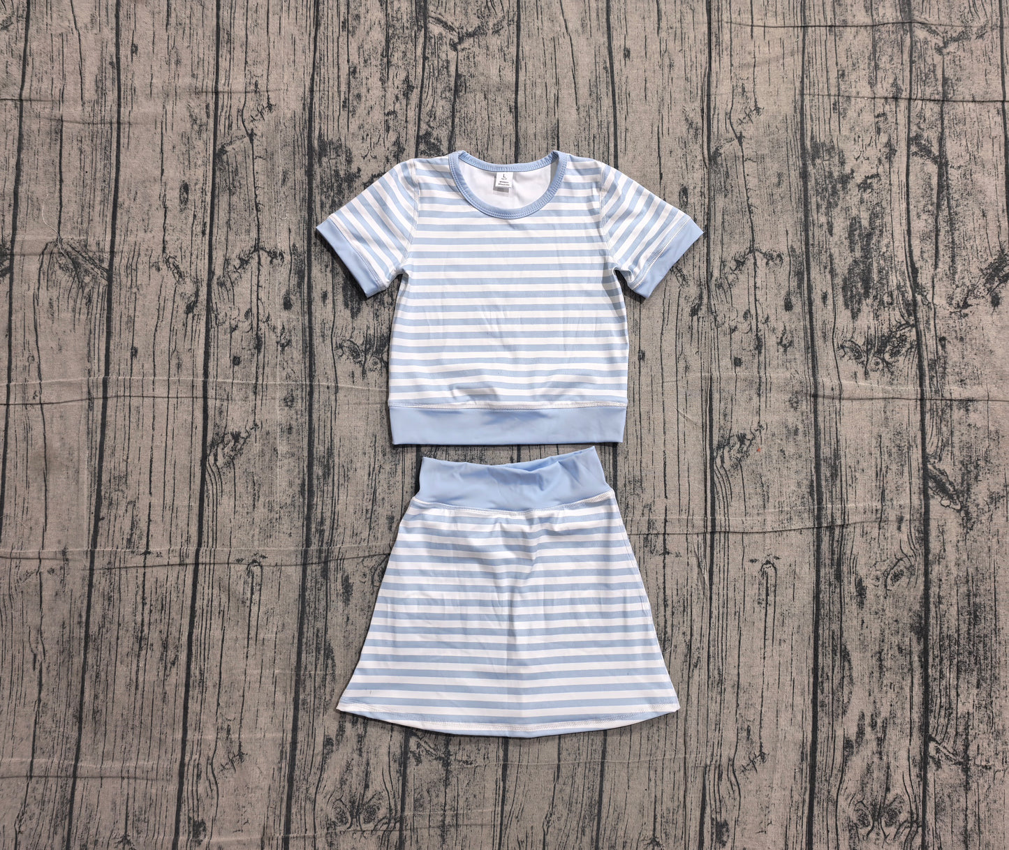( No moq ) Preorder Baby Girls Kids Short Sleeves Shirt Blue Stripes Skirt Shorts Set Yoga Active Clothes