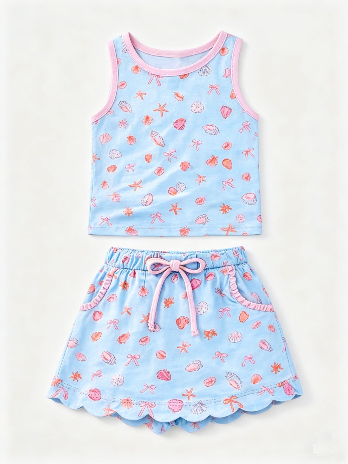 ( Moq 5 ) Preorder Baby Girls Kids Shell Blue Shirt Scallop Pockets Skirt Shorts Set Summer Clothes